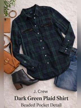 J. Crew Dark Green and Black Plaid Shirt with Beading Detail